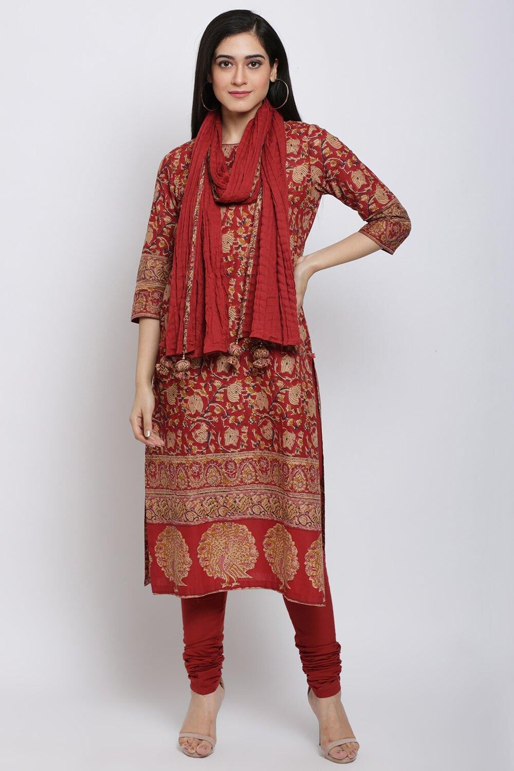 Red Straight Kurta Churidar Suit Set image number 3
