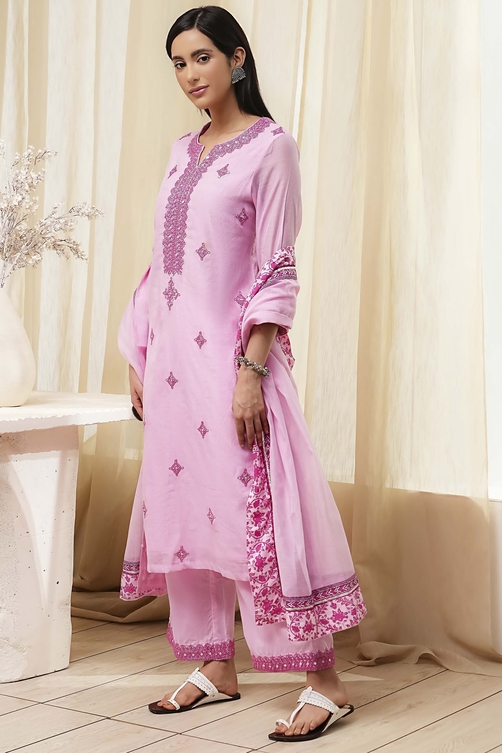 Pink Embroidered Straight Suit Set image number 3
