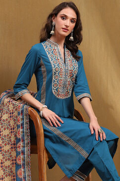 Teal Cotton Floral Printed Straight Suit Set image number 7