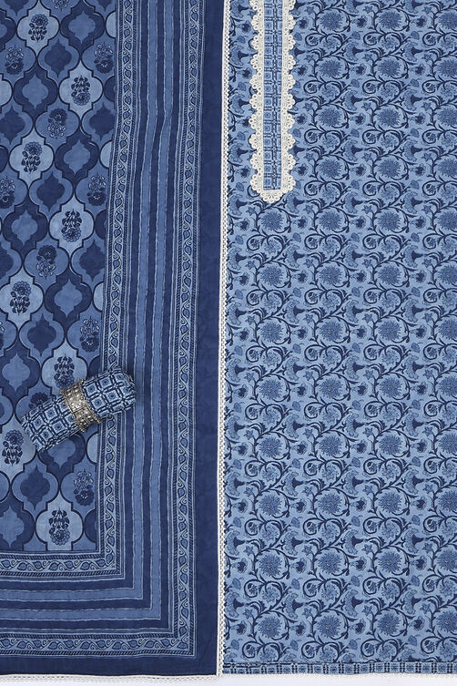 Indigo Cotton Screen Print Unstitched Suit Set image number 1