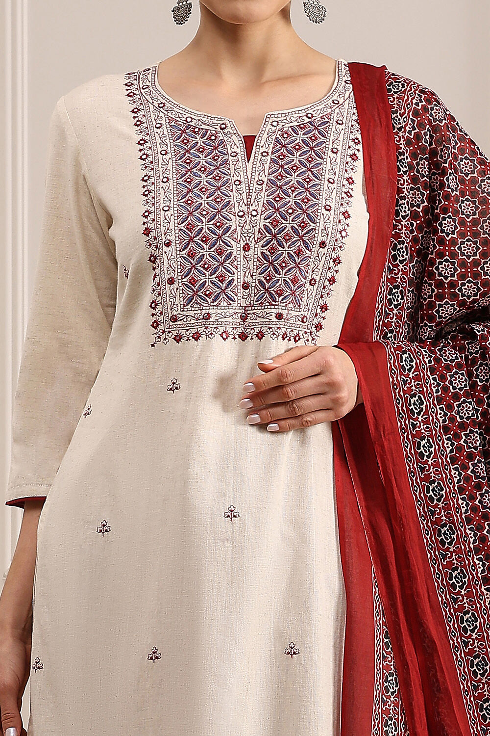 Beige Cotton Machine Embroidered Unstitched Suit Set image number 2
