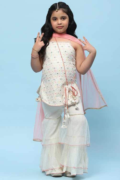 Cream Cotton Floral Embroidered Strappy Suit Set image number 0