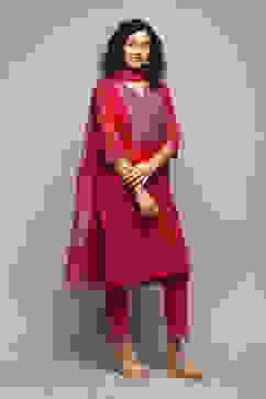 Fuchsia Poly Cotton Straight Kurta Pant Suit Set image number 6