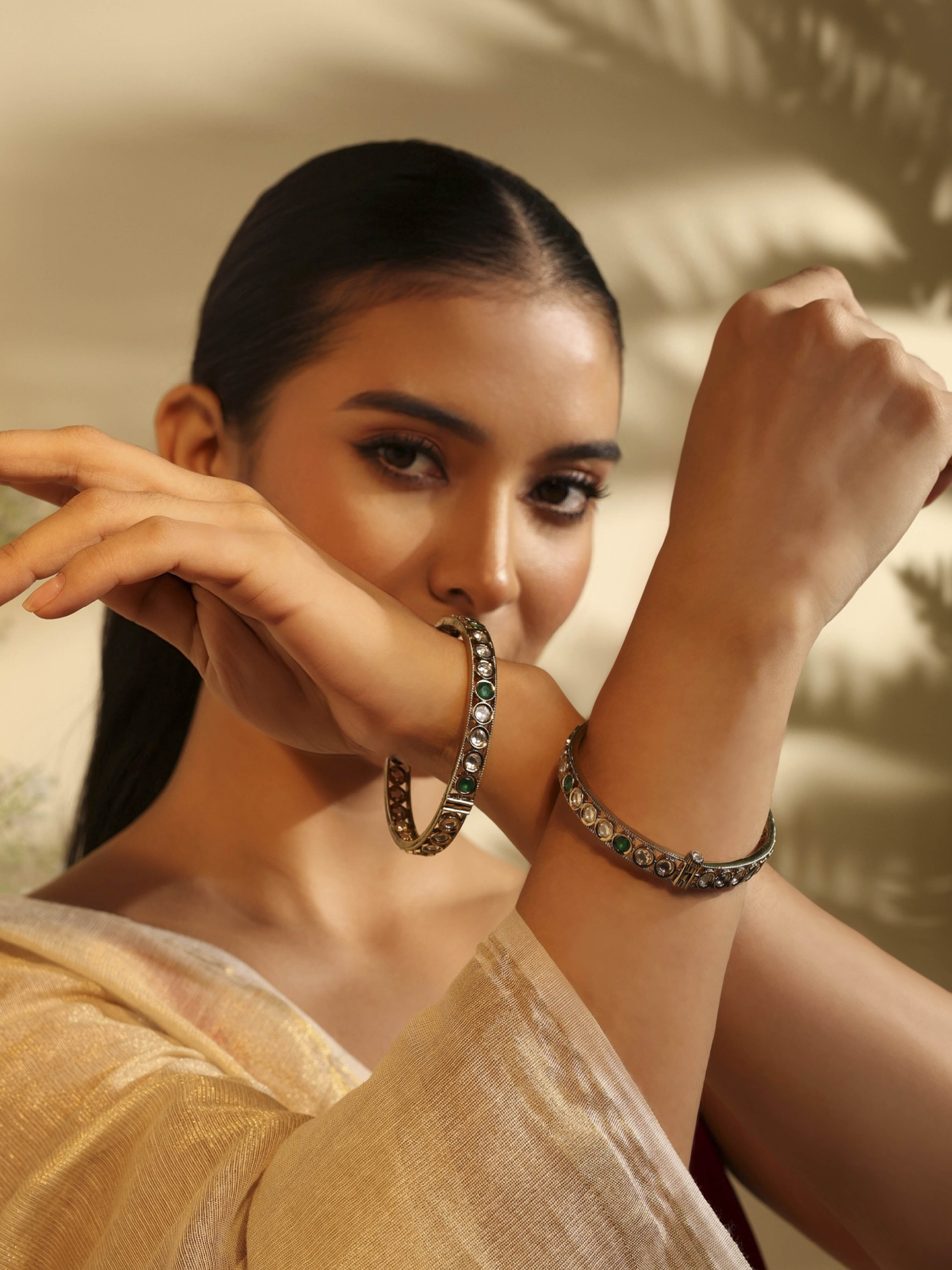 Green Gold-Plated Brass Bangle Set image number 3