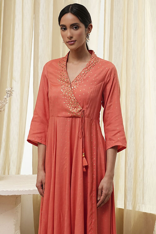 Peach Modal Printed Angrakha Anarkali Suit Set image number 1