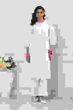 Off-White Cotton Solid A-Line Kurta image number 5