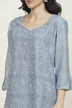 Blue Chanderi Machine Embroidered Unstitched Suit Set image number 2