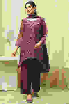 Maroon Chanderi Printed Embroidered Unstitched Suit Set image number 7