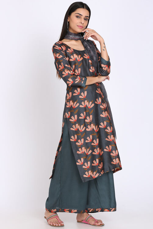 Easy Stitch Charcoal Black Raw Silk Embellished Suit image number 3
