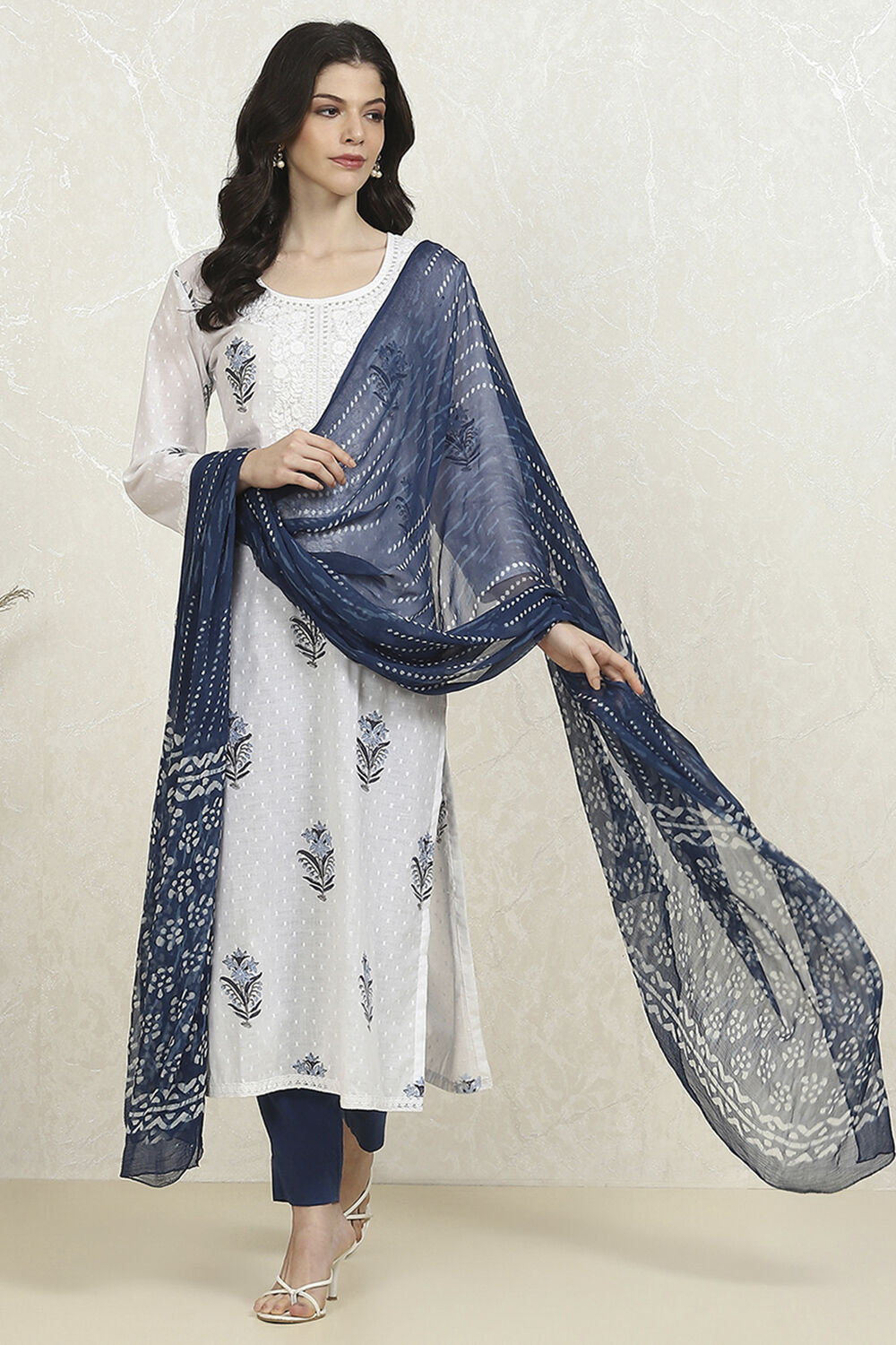 Indigo Cotton Hand Block Print Unstitched Suit Set image number 1