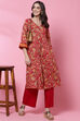 Red Cotton Flared Kurta Set image number 6