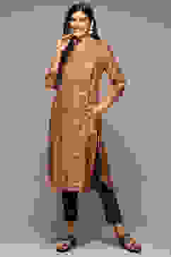 Peach Viscose Blend Straight Printed Kurta image number 0