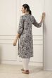 Grey & White Cotton Floral Printed Straight Kurta image number 3