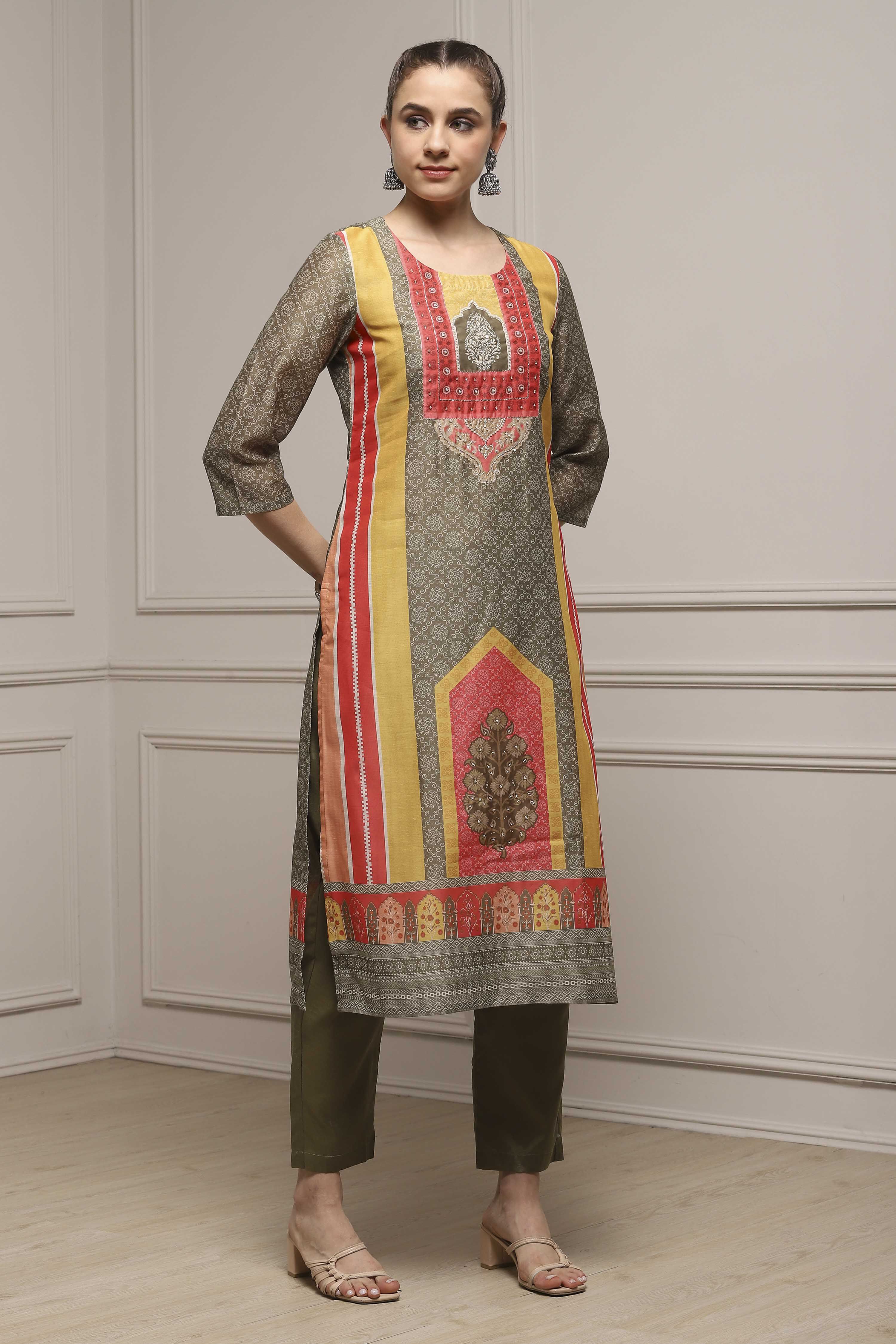 Assorted Chanderi Blend Printed Embroidered Unstitched Suit Set image number 6