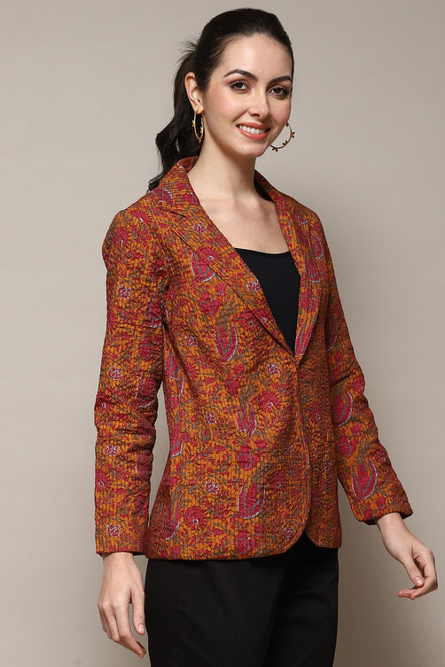 Mustard Poly Viscose Straight Printed Jacket image number 3