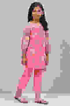 Peach Cotton Straight Printed Kurta Set image number 5