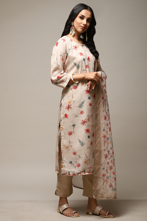 Cream Linen Digital Print Unstitched Suit Set image number 7