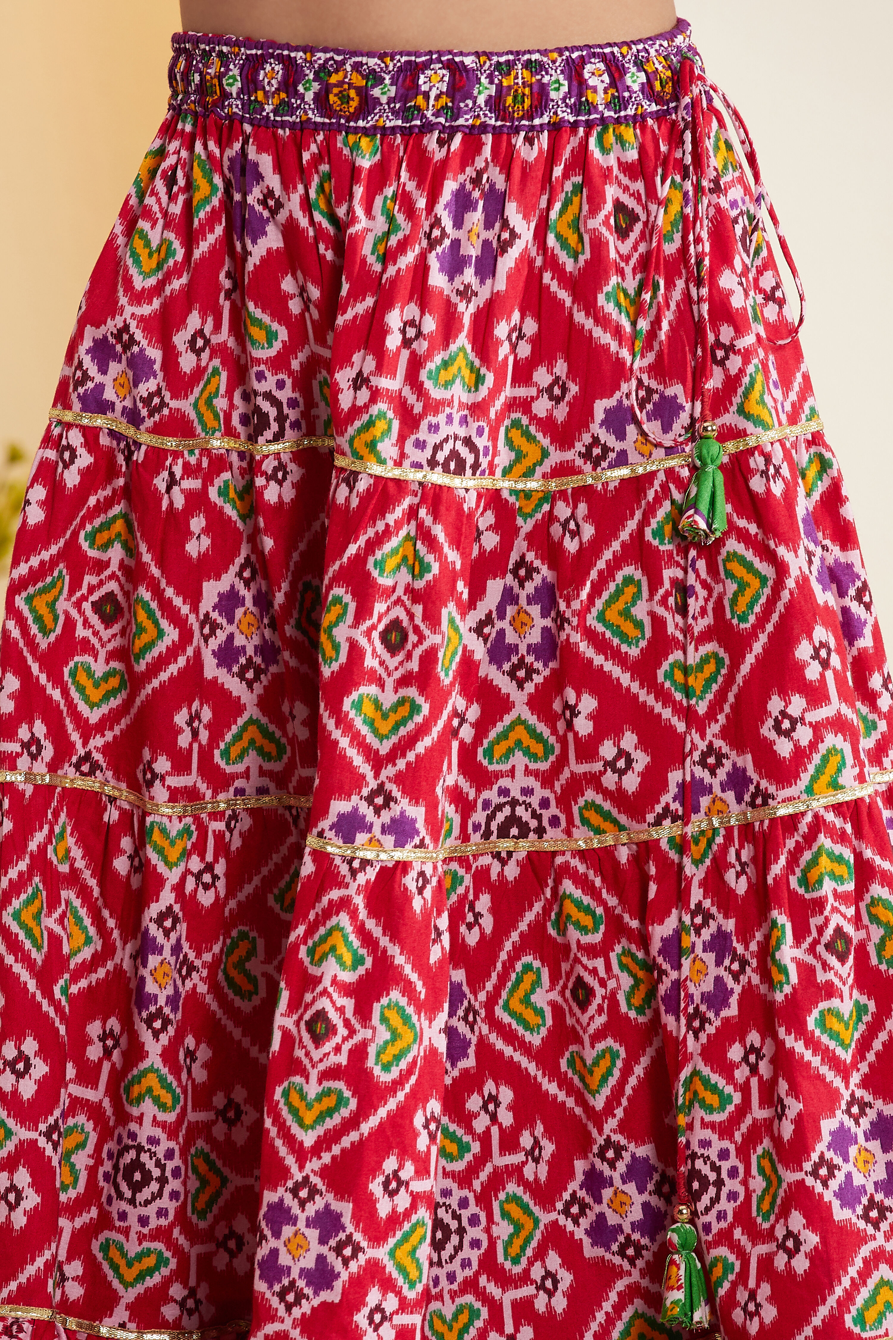 Red Cotton Printed Tiered Lehenga Set image number 2