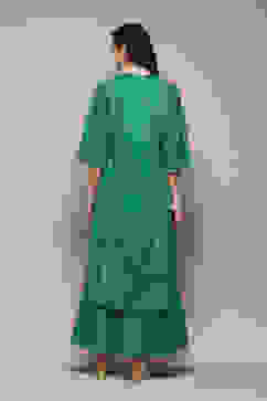 Green Cotton Flared Printed Kurta image number 4