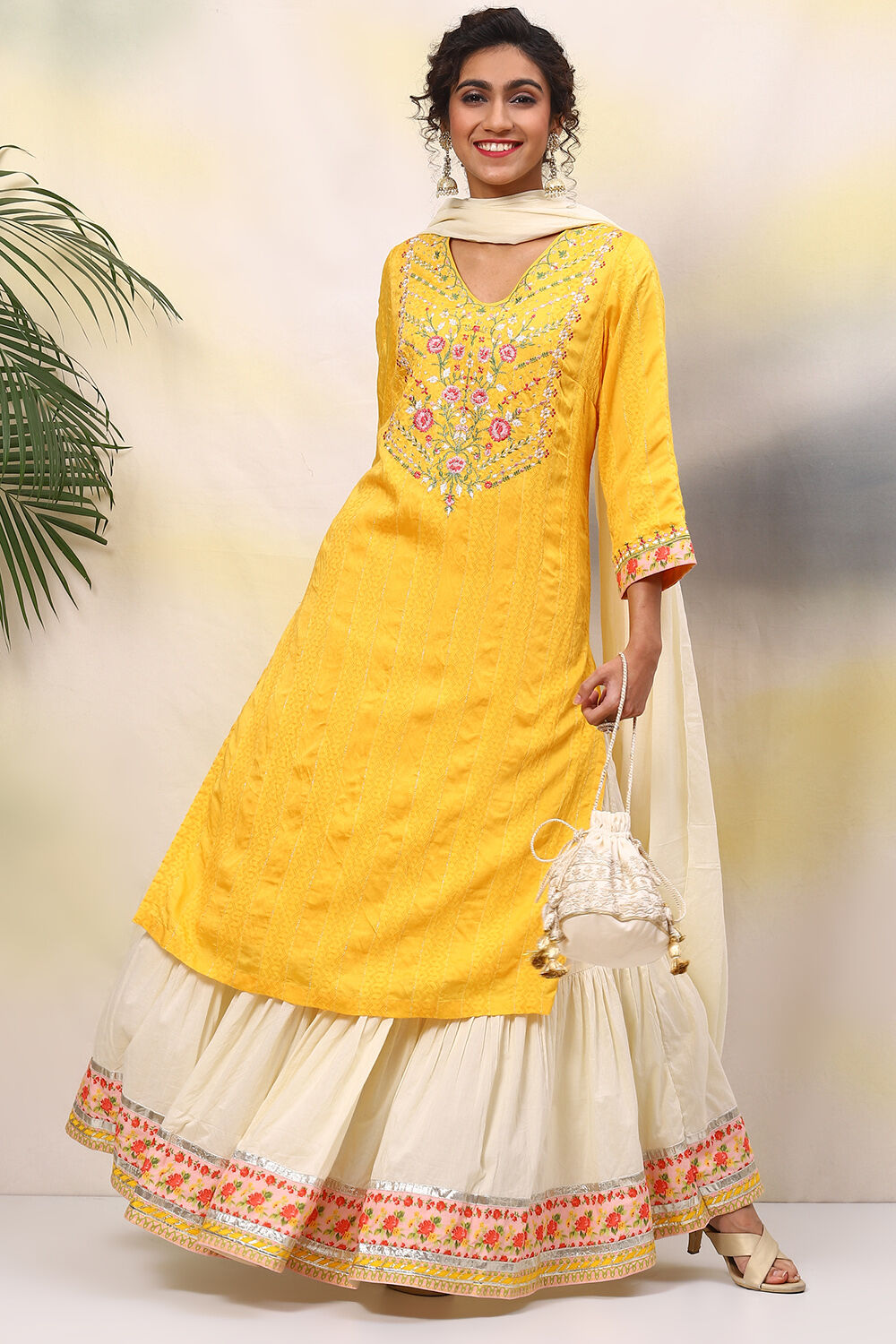 Yellow Viscose Straight Kurta Skirt Suit Set image number 5