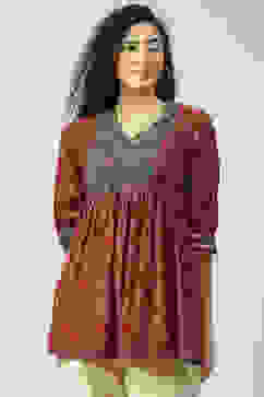 Rust Cotton Flared Printed Short Kurti image number 0