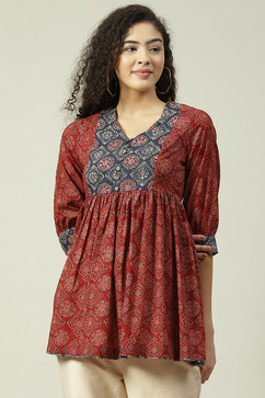 Rust Cotton Flared Printed Short Kurti