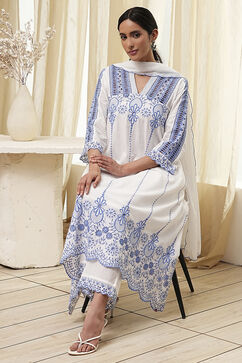 White and Blue Cotton Asymmetric Suit Set image number 0