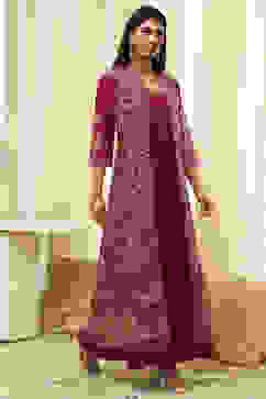 Plum Art Silk Flared with Cape Printed Dress image number 4