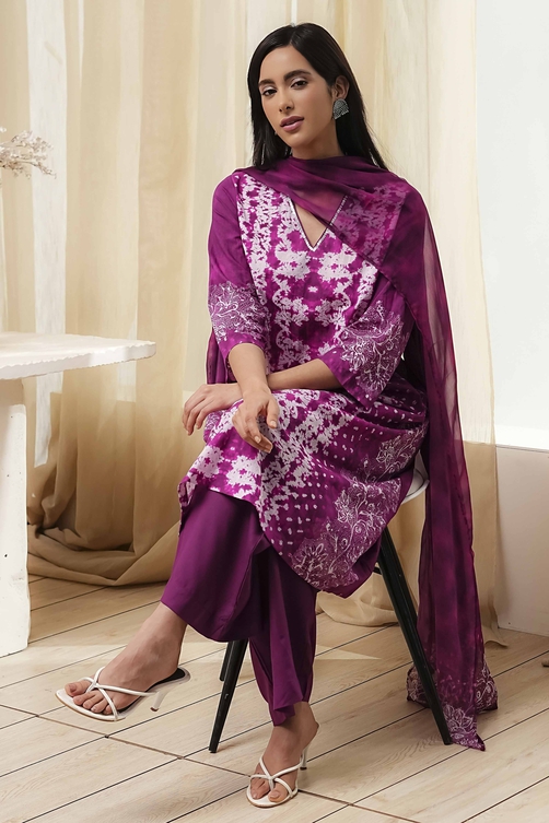 Berry Purple Cotton Straight Suit Set image number 0