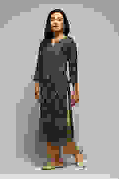 Black LIVA Straight Printed Kurta image number 2