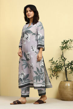 Grey Floral Printed Shantoon Kurta Pants Set image number 3