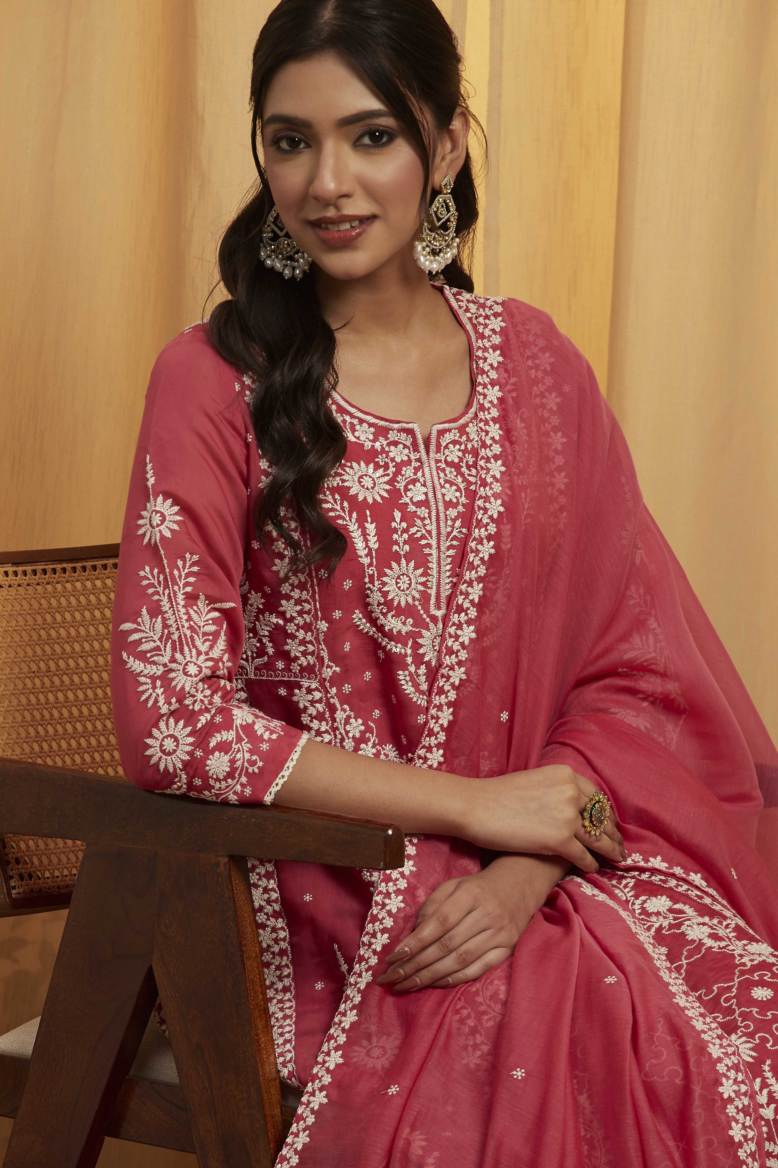 Pink Viscose Blend Floral Design Kalidar Kurta Set image number 1