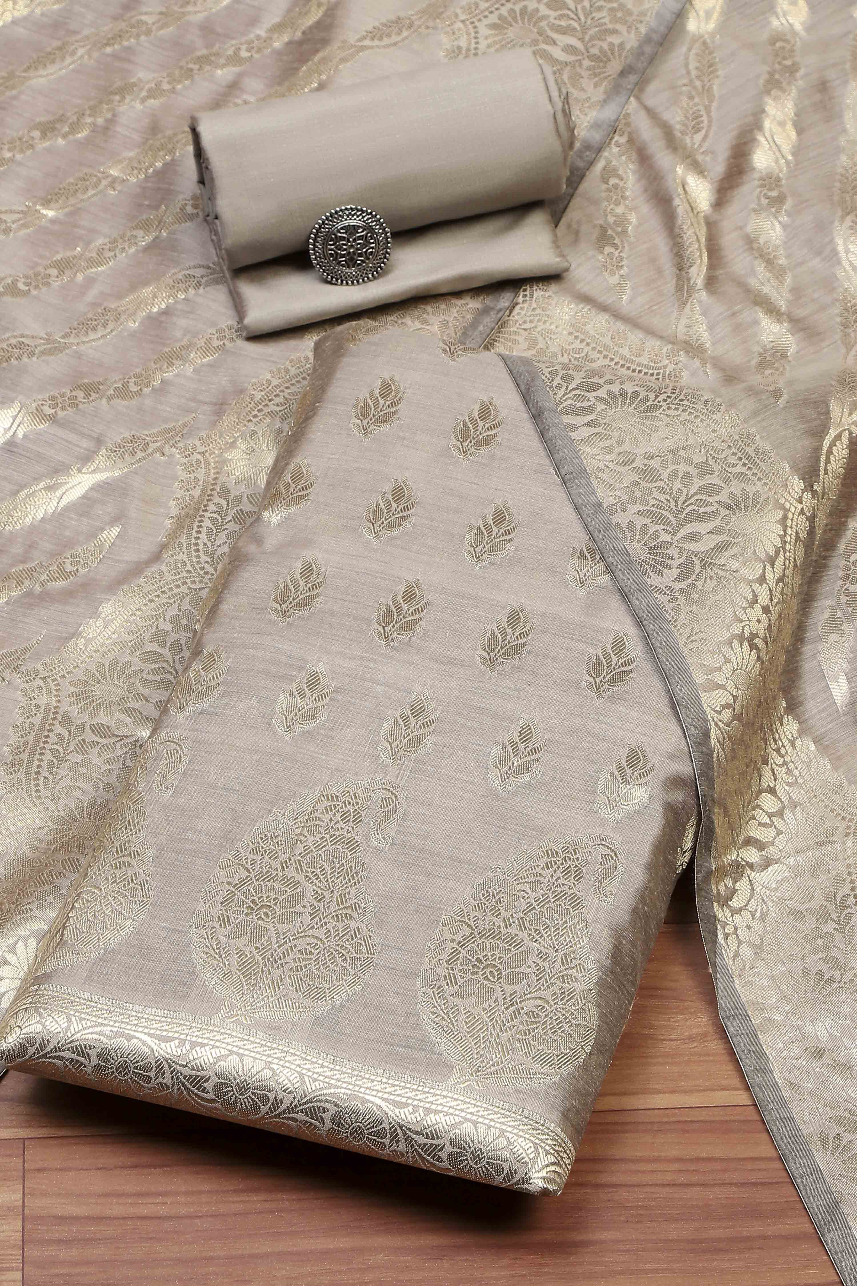 Grey Chanderi  Unstitched Suit Set image number 0