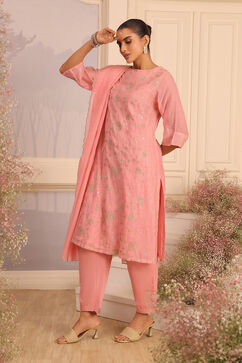 Pink Silk Embroidered Straight Suit Set image number 3