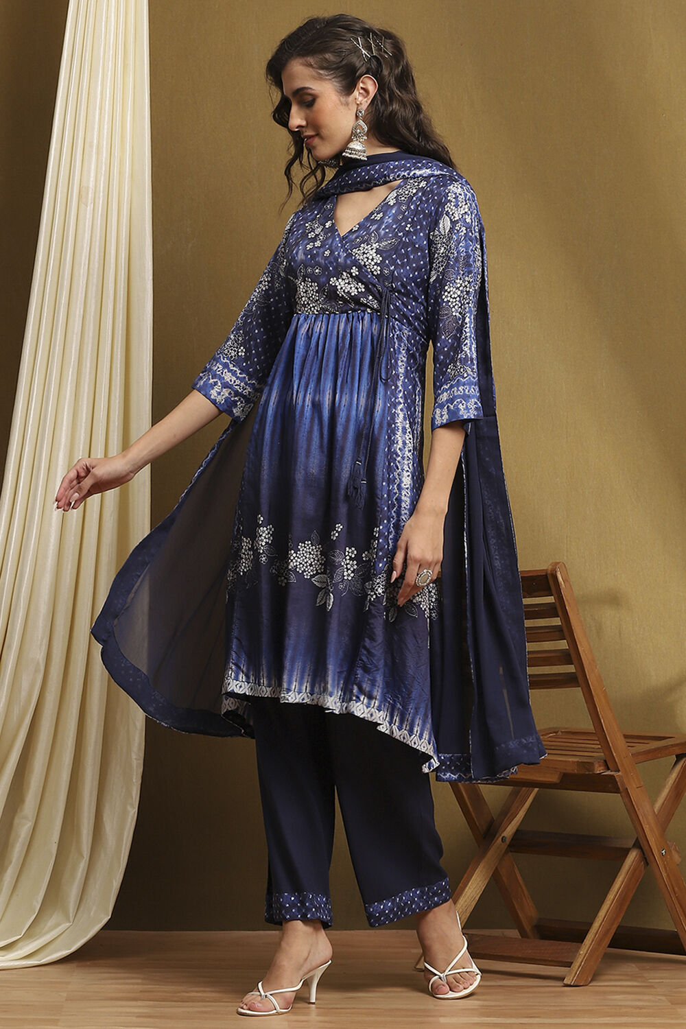 Indigo Modal Printed Angrakha Gathered Suit Set image number 0