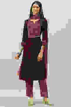 Burgundy Rayon A-Line Kurta Slim Pant Suit Set image number 5