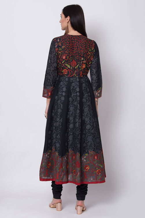 Black Cotton Anarkali Kurta Churidar Suit Set image number 5