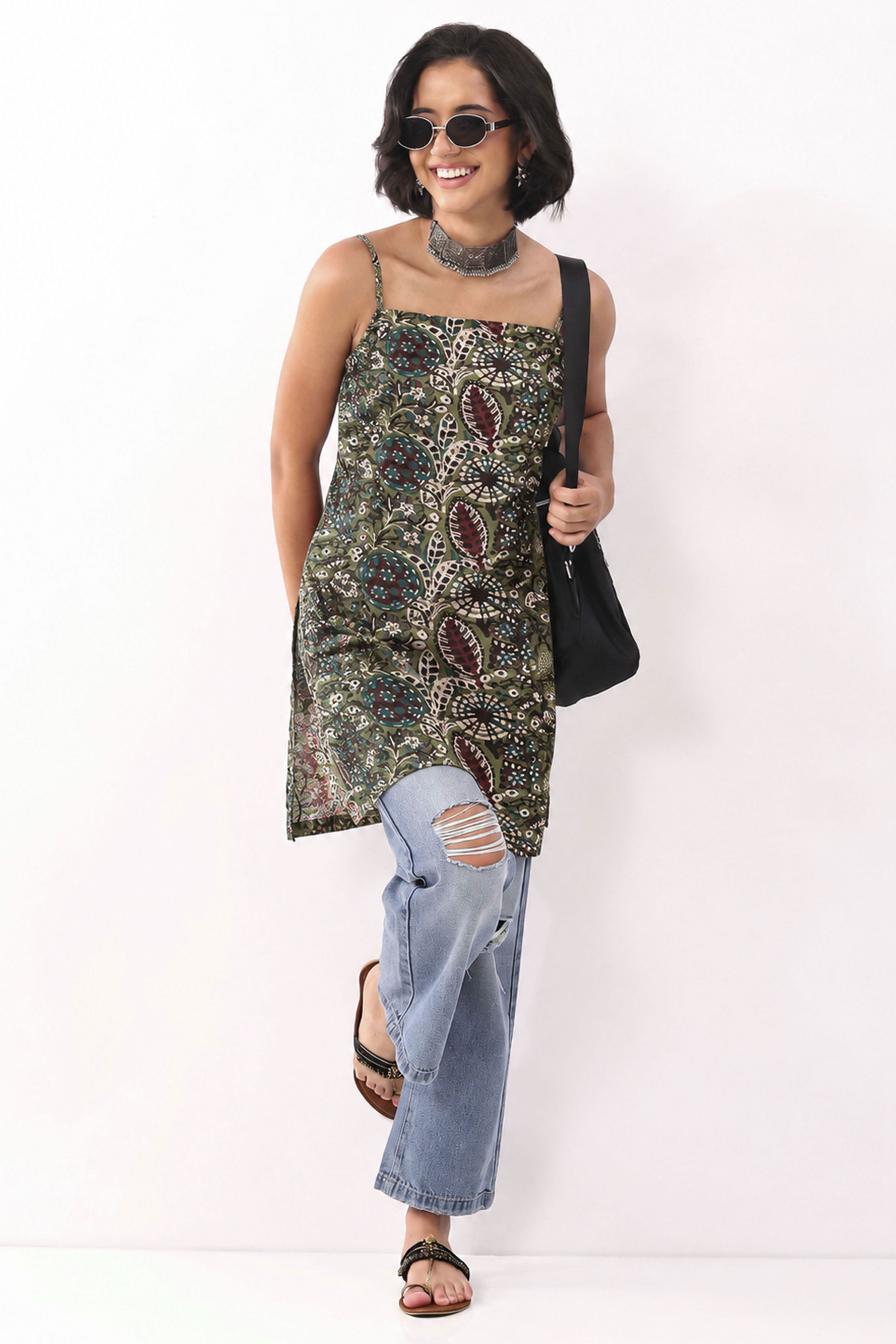 Green Cotton Geometric Printed Lace-Up Kurti image number 0