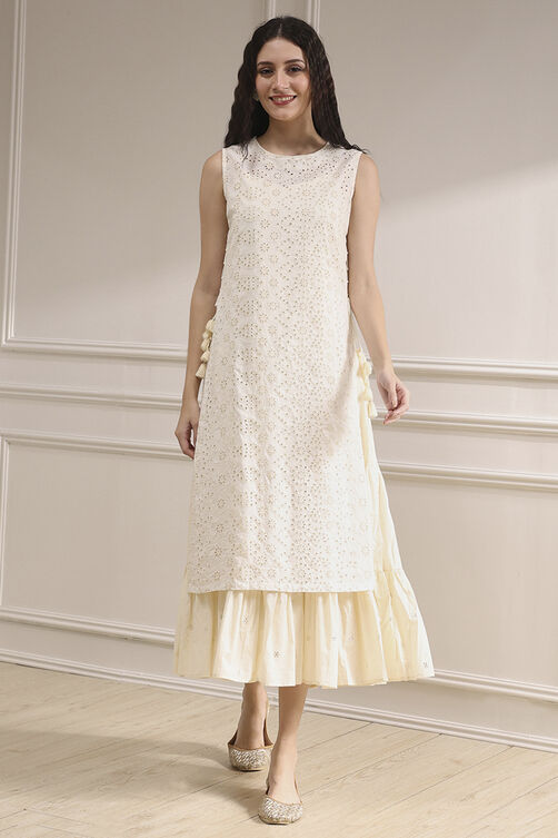 Off White Cotton Layered Suit Set image number 5