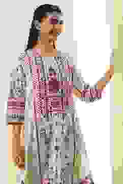 Off-White and Pink Cotton Straight Kurta image number 6