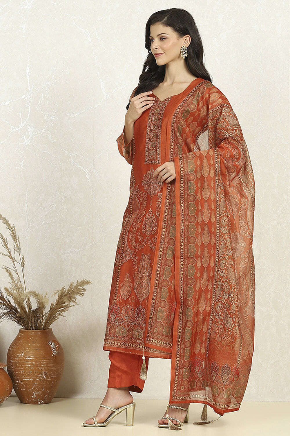 Rust Chanderi Unstitched Suit Set image number 4