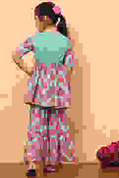 Turquoise Cotton Ikat Printed Peplum Flared Suit Set image number 5