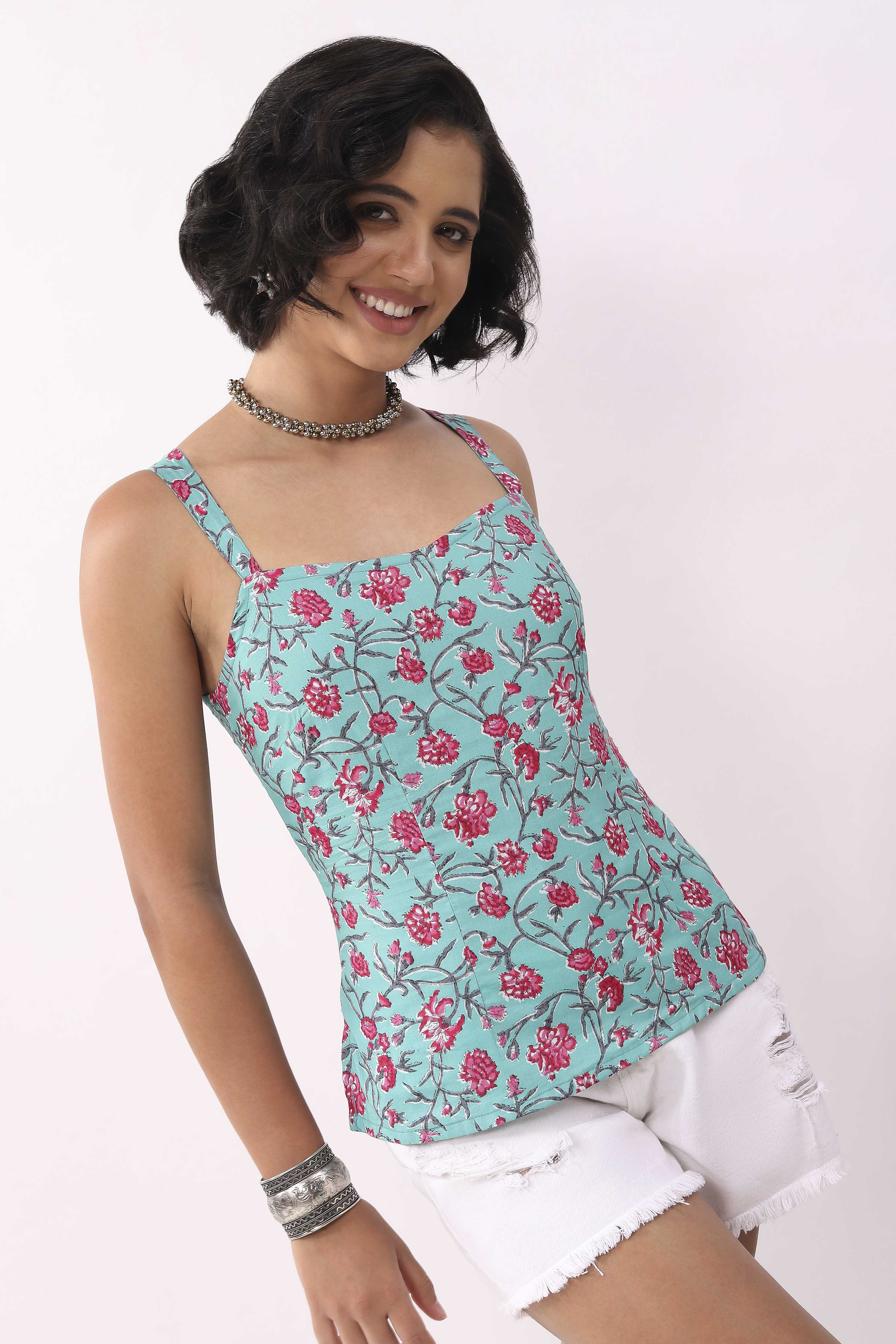 Turquoise Cotton Printed Straight Top image number 3