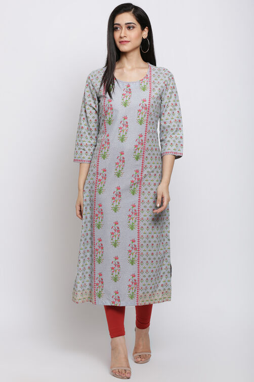 Grey Cotton Straight Printed Kurta image number 0