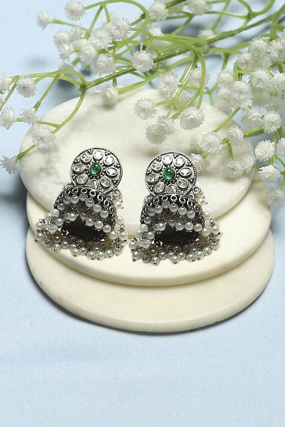 Green Oxidised Stone Studded Dome Shaped Jhumkas image number 0