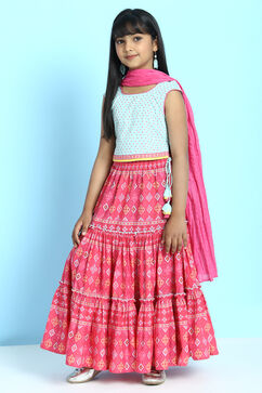 Sky Blue And Pink Cotton Straight Kurta Lehenga Suit Set image number 3