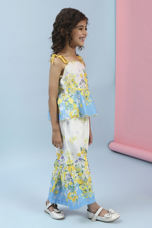 White Cotton Floral Printed Top and Pant Set image number 5