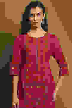 Fuchsia Cotton Printed A-Line Kurta Set image number 1