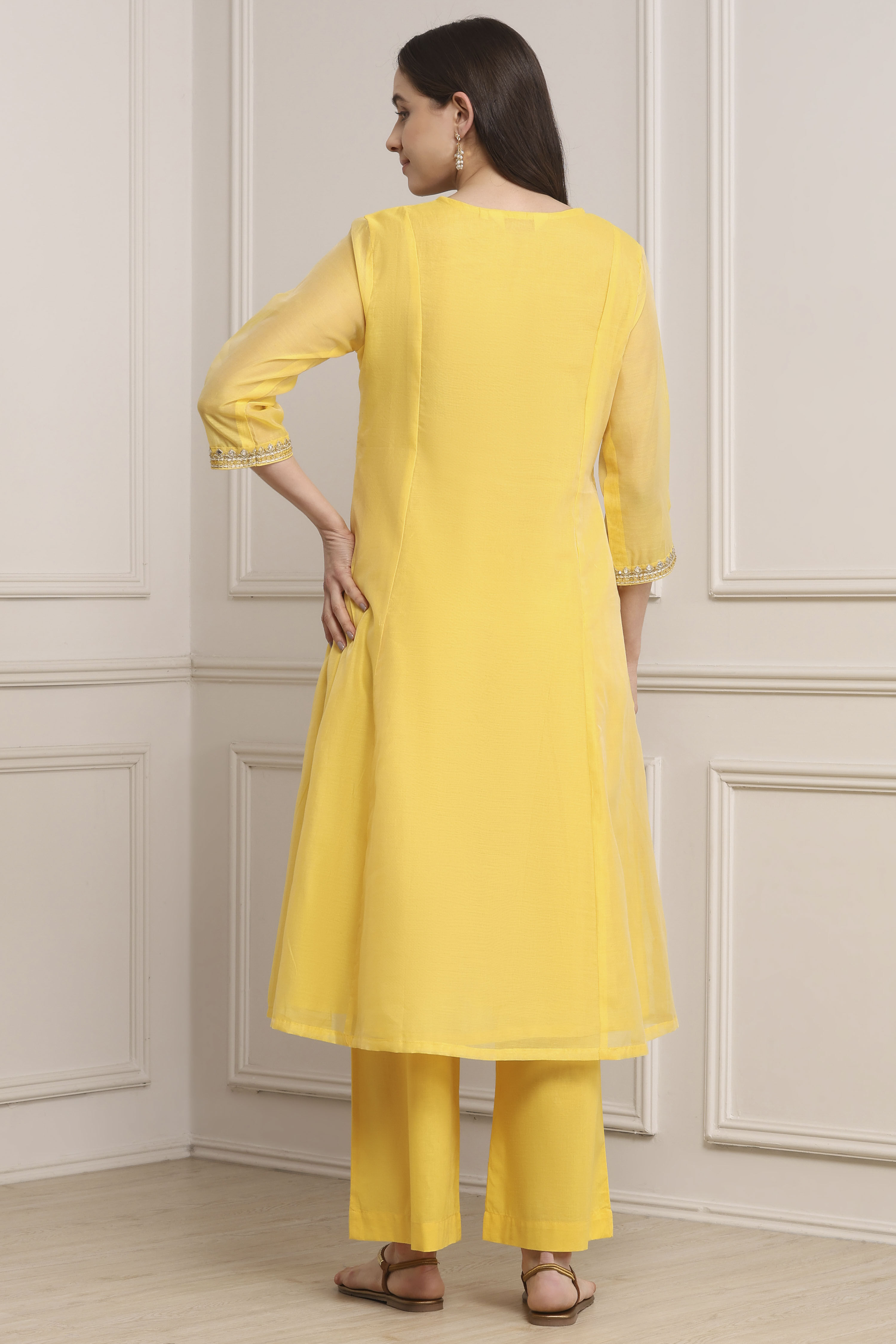 Yellow Poly Chanderi Straight Suit Set image number 3