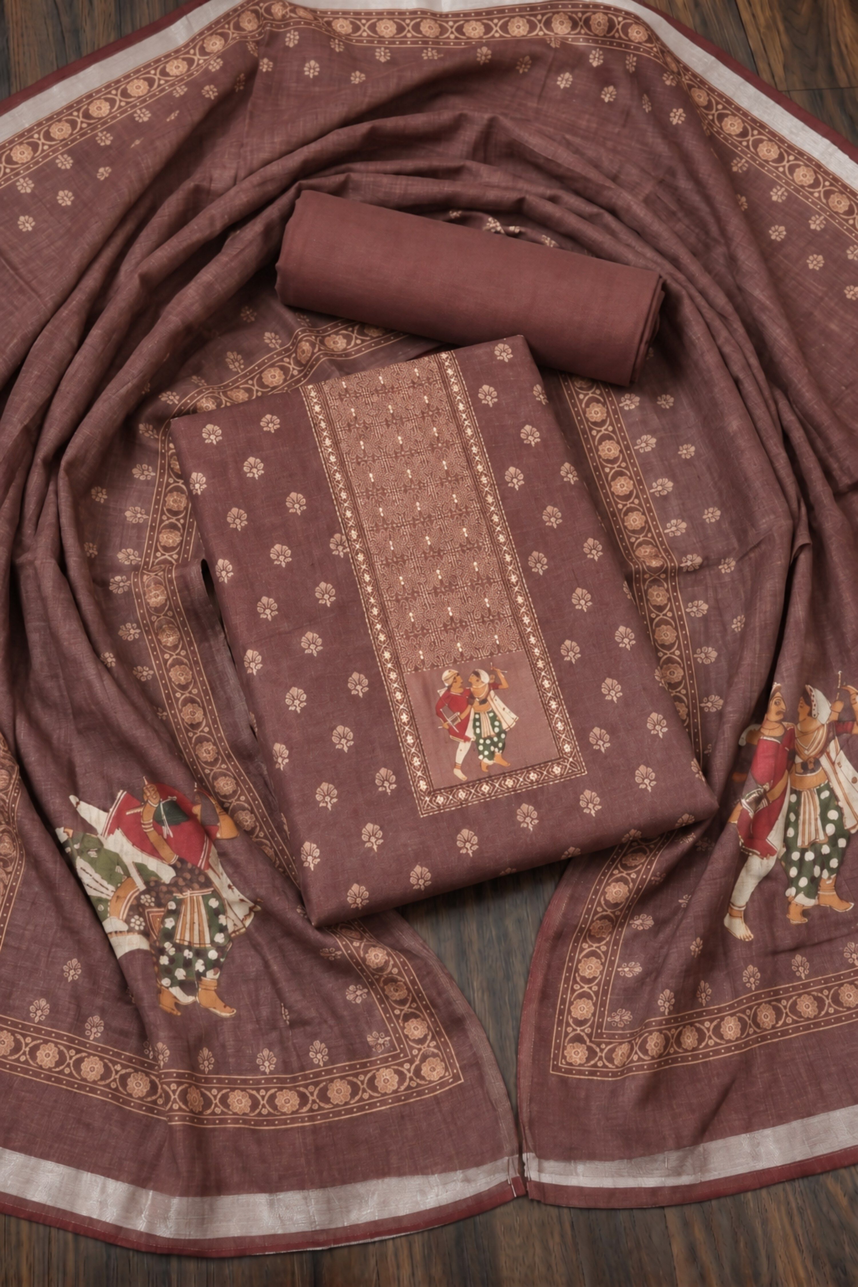 Brown Linen Printed Unstitched Suit Set image number 1